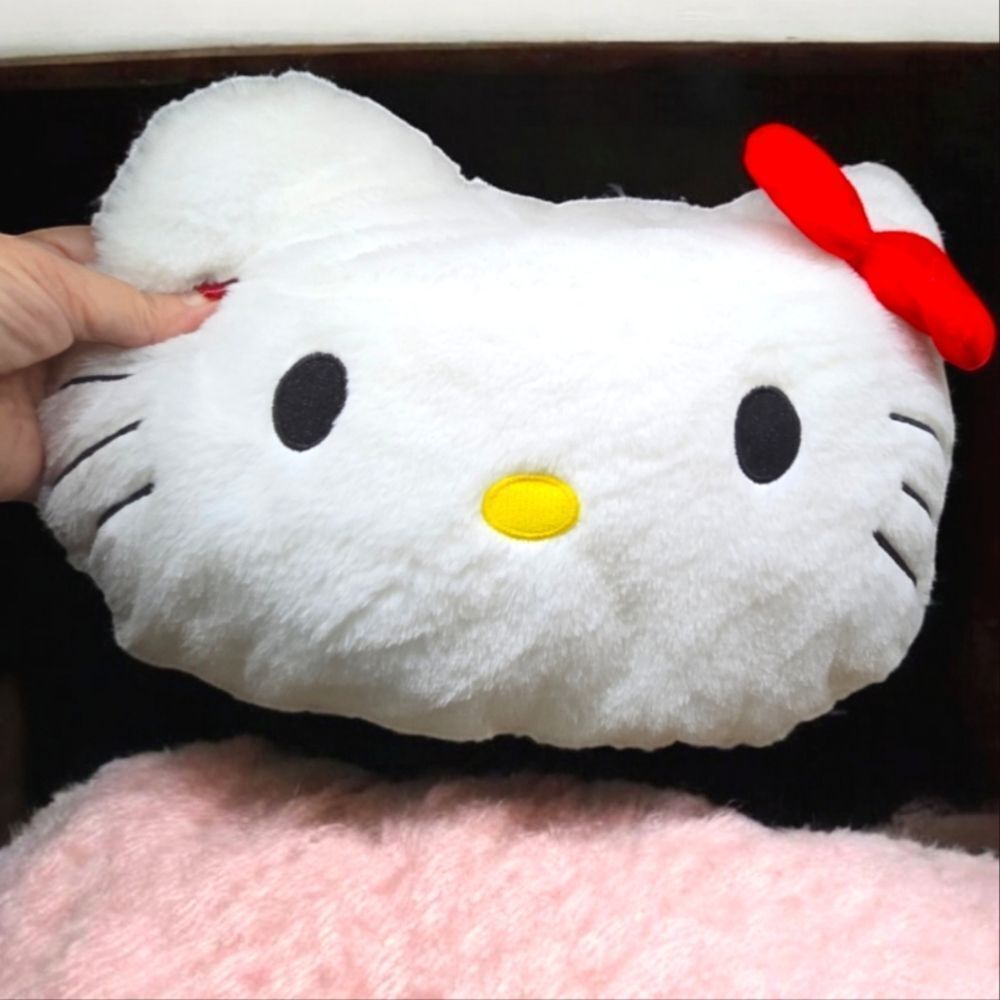 Hello Kitty Plush Faux Fur Throw Pillow White Cat Face Red Bow 13" Soft Plushie